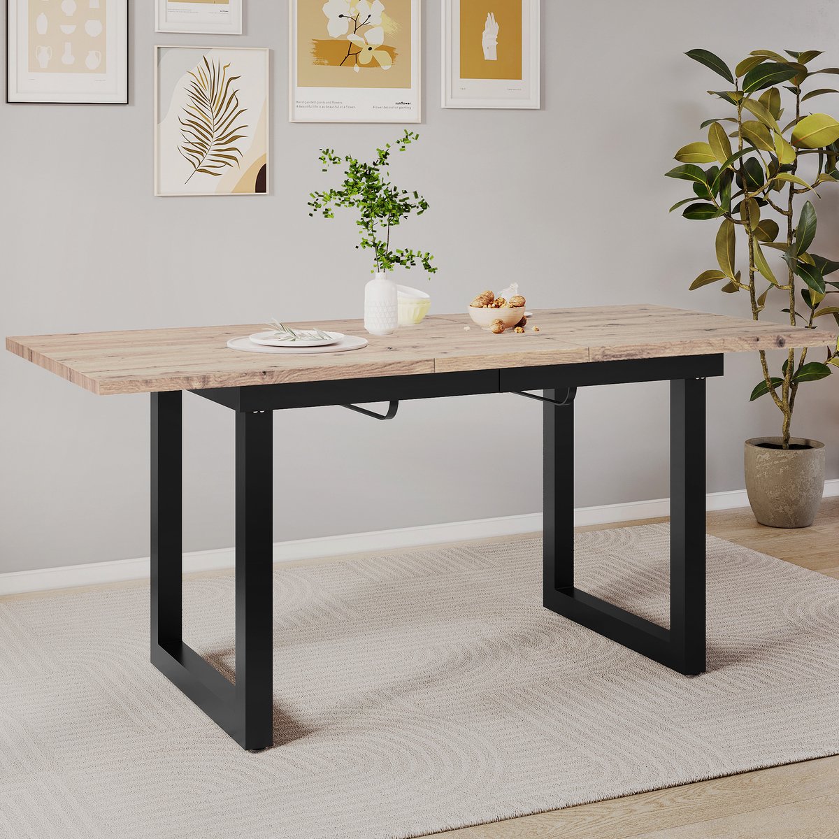 DESMIU Eettafel - Uitschuifbaar Industrieel Design Met Stevig Frame - Voor Eetkamer En Woonkamer - MDF En Metaal - Zwart Natuur - 140 Tot 180 X 80 X 75 Cm Natuurlijk
