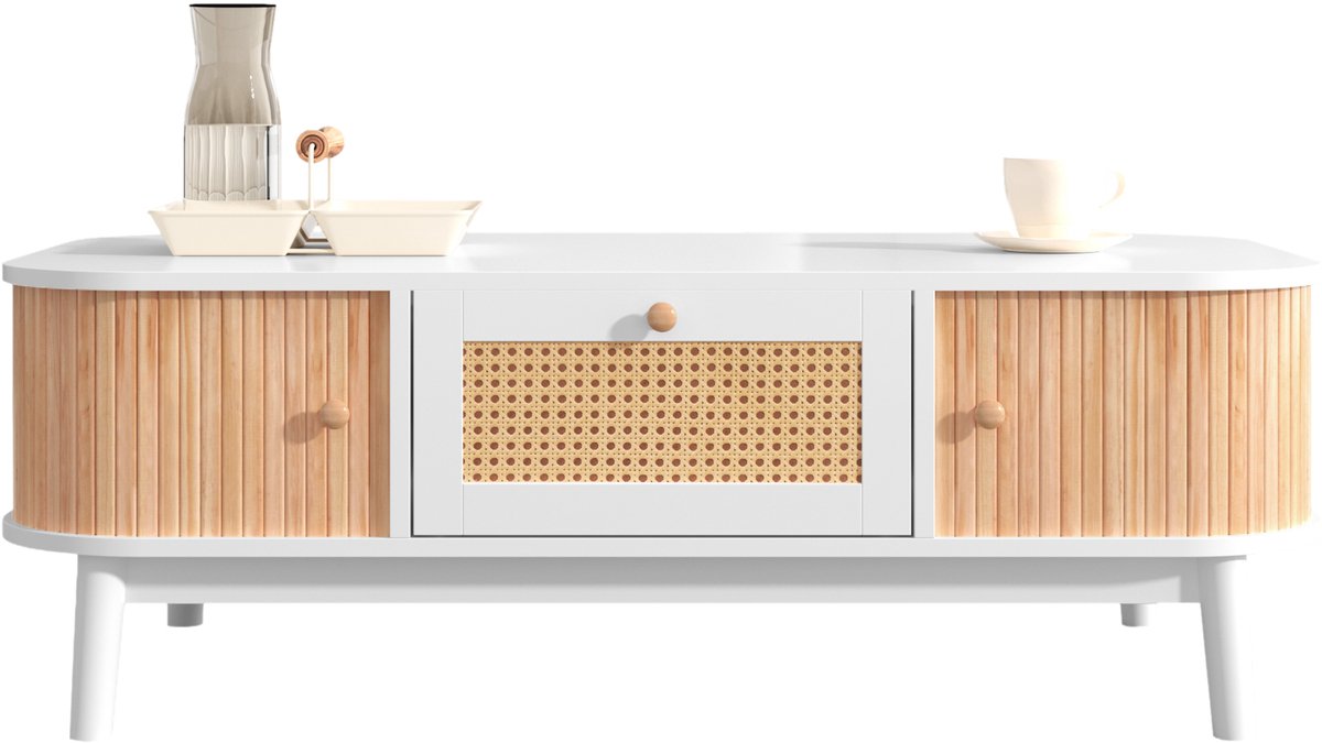 DESMIU Salontafel Met Rieten Details En Schuifdeuren Van Massief Hout Voor Woonkamer In Landelijke Stijl Van MDF Wit En Hout 110x55x38,5 Cm