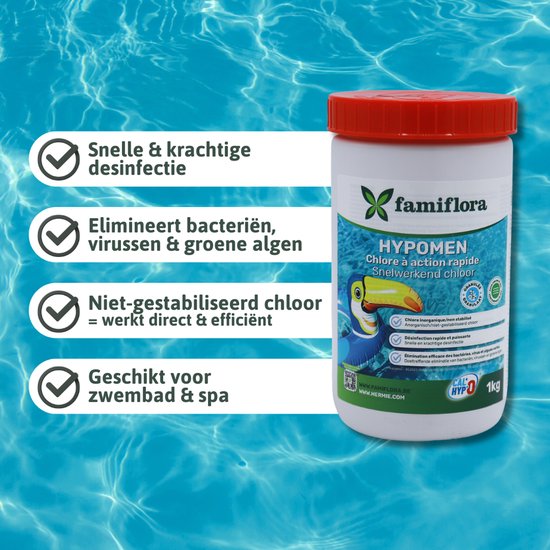 Witte pot met rode dop, met een label waarop een tukan staat. Tekst: Snelle & krachtige desinfectie.