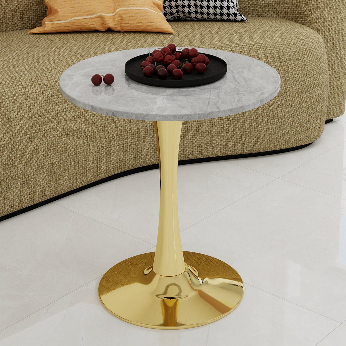 DESMIU Bijzettafel - Moderne Ronde Tafel Met Strakke Lijnen - Voor Woonkamer Eetkamer En Relaxhoek - Kunstmarmer - Goud - 70 Cm