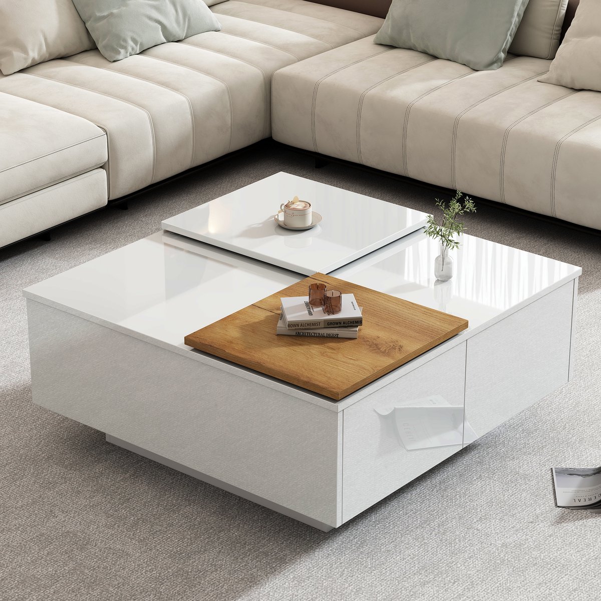 DESMIU Salontafel - Hoogglans Wit Met Verplaatsbare Bladdelen En Vier Verborgen Lades - Voor Woonkamer En Interieur - Spaanplaat - 75x75x33,5 Cm - Wit
