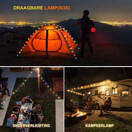 LYNEXA® Camping lamp - Zaklamp - Lichtsnoer Buiten - Lichtslinger - Kampeerlamp Oplaadbaar - 4in1 - 3600mAh Batterij - Warm Wit & RGB - 12 Lichtmodi - Powerbank USB & Zonne Energie - 10m — afbeelding 4