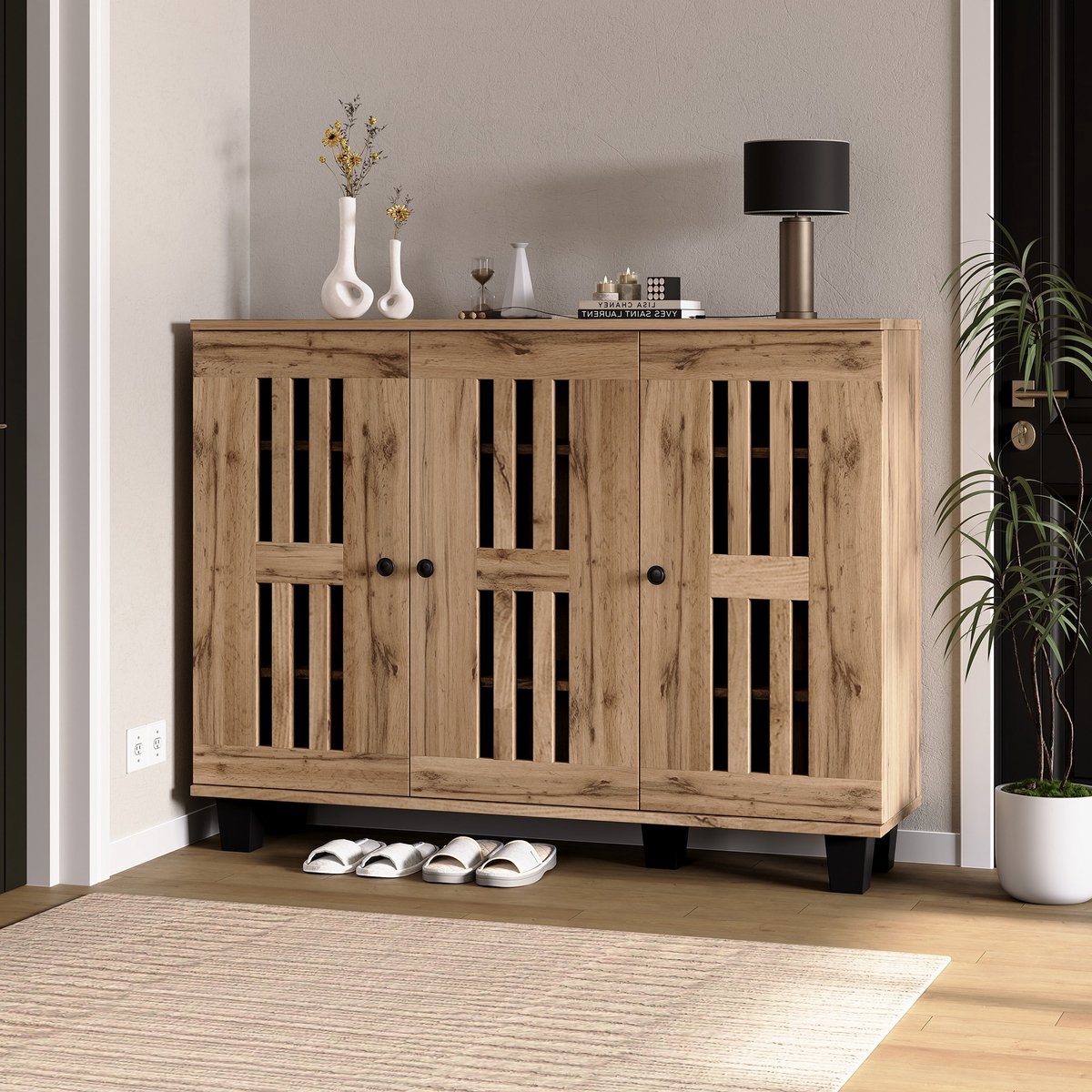 DESMIU Dressoir - Opbergkast Met 3 Deuren En 8 Vakken - Voor Woonkamer Slaapkamer En Hal - Spaanplaat En PVC - 120x32x92 Cm - Naturel