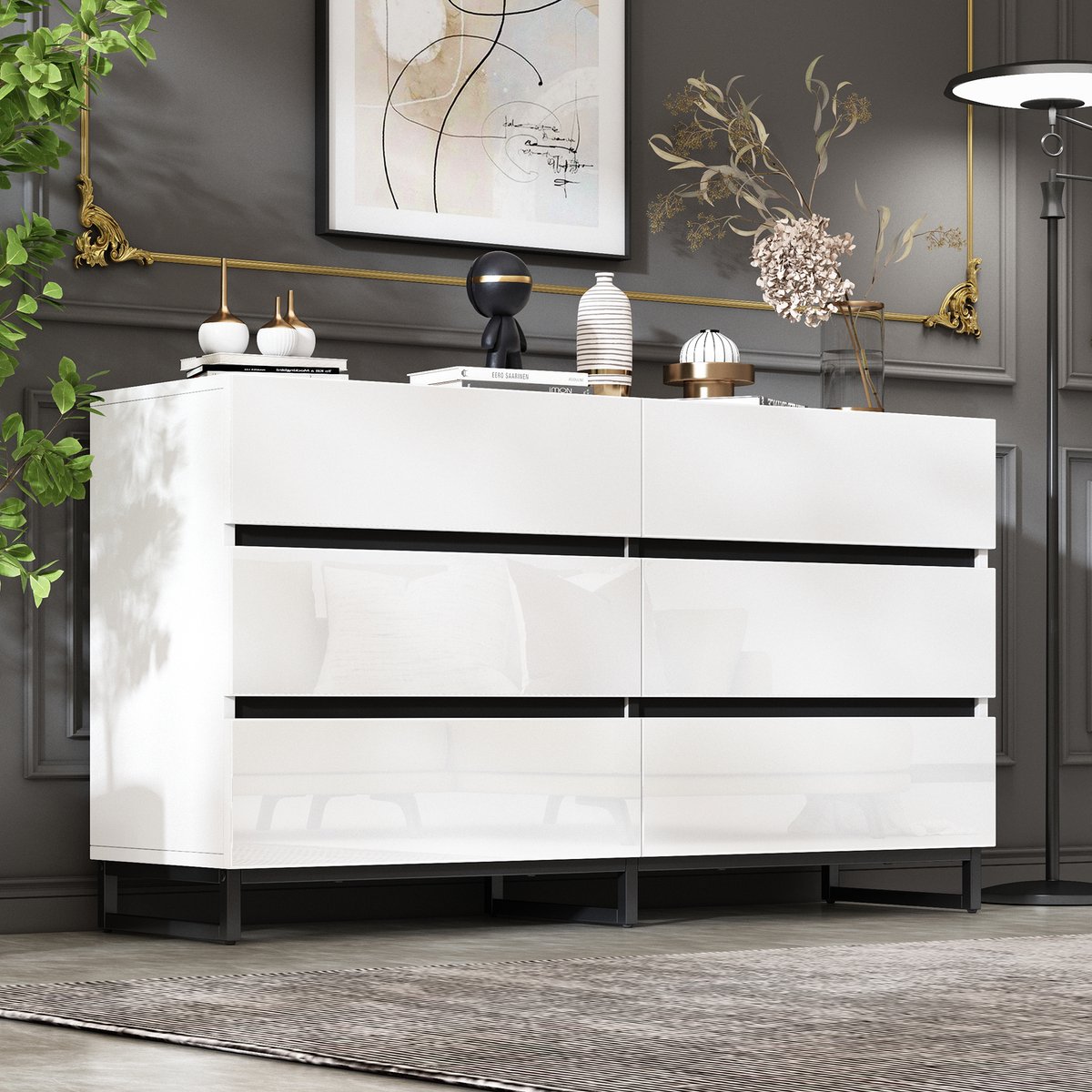 DESMIU Dressoir - Hoogglans Opbergkast Met 6 Laden - Symmetrisch Design Voor Woonkamer En Hal - Spaanplaat En Metaal - 140x39,5x78,5 Cm