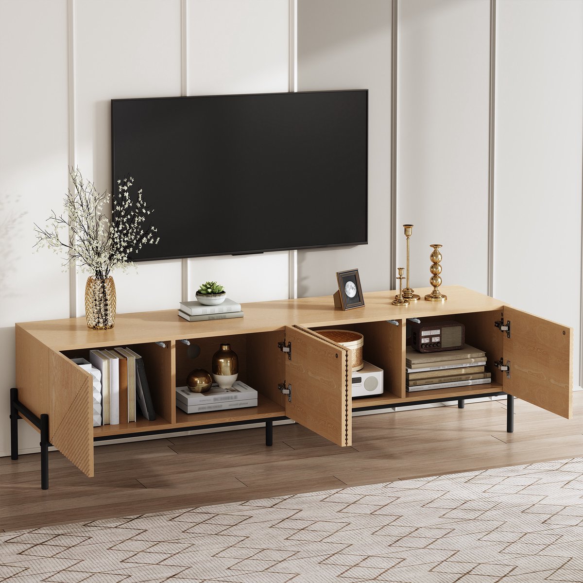 DESMIU Tv Meubel - Geometrisch Ontwerp Met 3D Structuur En 4 Deuren - Voor Woonkamer En Mediaopslag - MDF - 163,5x40x45 Cm - Naturel
