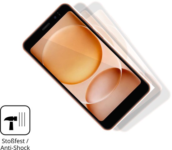 Een smartphone die schuin beweegt, met oranje achtergrond en een "stootvast" icoon.