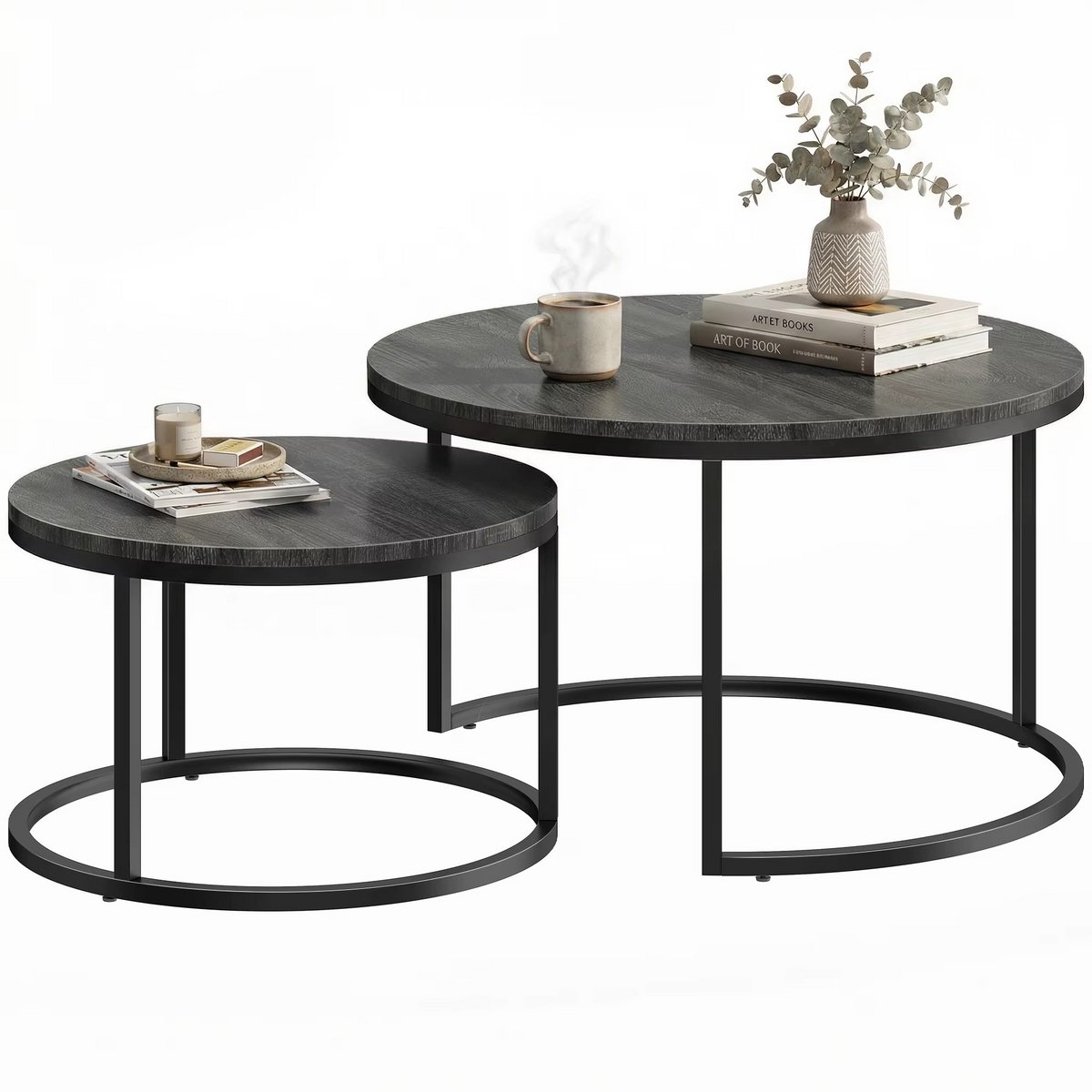 JOYNEXTBUY Salontafel Set van 2 – Industriële Nesting Tafels – Stapelbare Bijzettafels - Metalen Onderstel – Koffietafel – Zwart