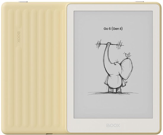 Gele e-reader met een geopend hoesje, scherm toont tekening van olifant.