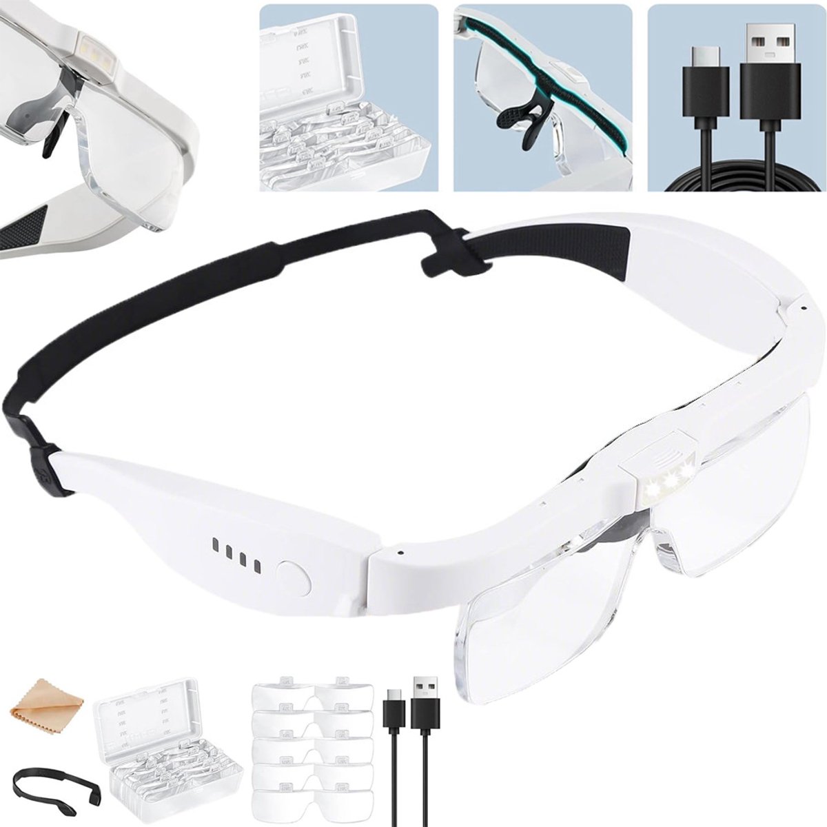 Vergrootglas Met Verlichting - 0,75x-4,0x Vergrootglazen - Hoofdvergrootglas Met 3 Ledlampjes En 5 Lenzen - Oplaadbaar Handsfree Hoofdvergrootglas Voor Precisiewerk Knutselen En Sieraden Maken
