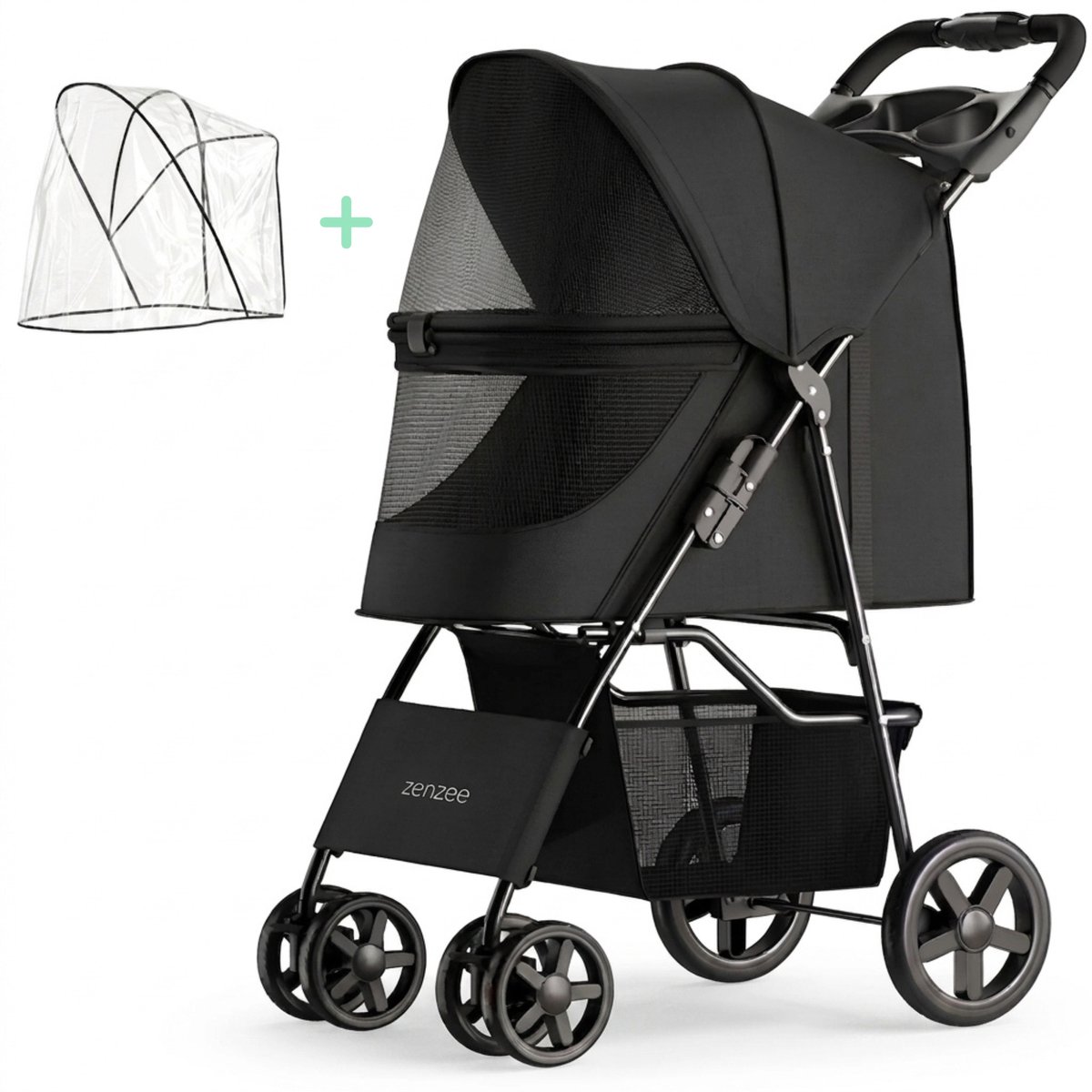 Zenzee® - Inklapbare Hondenbuggy opvouwbaar – Met regenhoes - Voor kleine en middelgrote honden - Tot 15Kg - Zwart – Hondenwagen – Wandelwagen