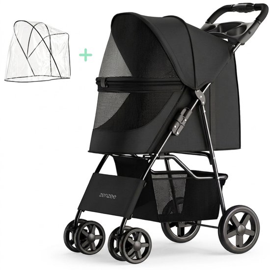 Zenzee® - Inklapbare Hondenbuggy opvouwbaar – Met regenhoes - Voor kleine en middelgrote honden - Tot 15Kg - Zwart – Hondenwagen – Wandelwagen