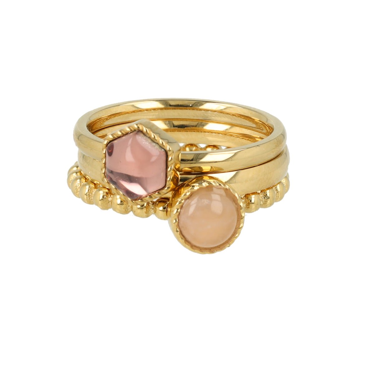 My Bendel - Goudkleurige Ringen Set Rose Quartz - met Luxe Cadeauverpakking | Sieraden Voor Dames | Maat 16.00 Mm / Maat 50