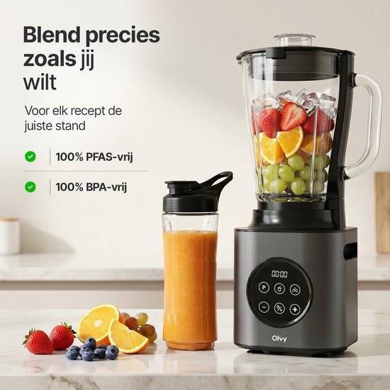 Olvy Kitchen Blender - 1000W Smoothie Maker - 1,5L Glazen Kan met 600ml To-Go Beker - IJscrusher & Pulsefunctie - BPA- en BPS-vrij van Olvy — afbeelding 5