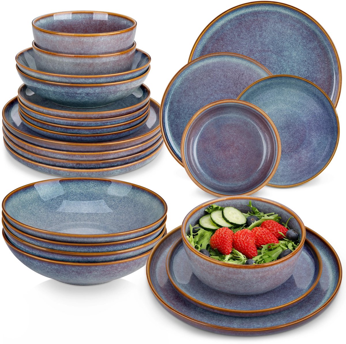 Home & Beyond® 16-Delige Serviesset voor 4 Personen - Blauw Grijs Reactief Glazuur - Keramisch Servies - Inclusief Dinerborden, Ontbijtborden, Kommen & Diepe Borden