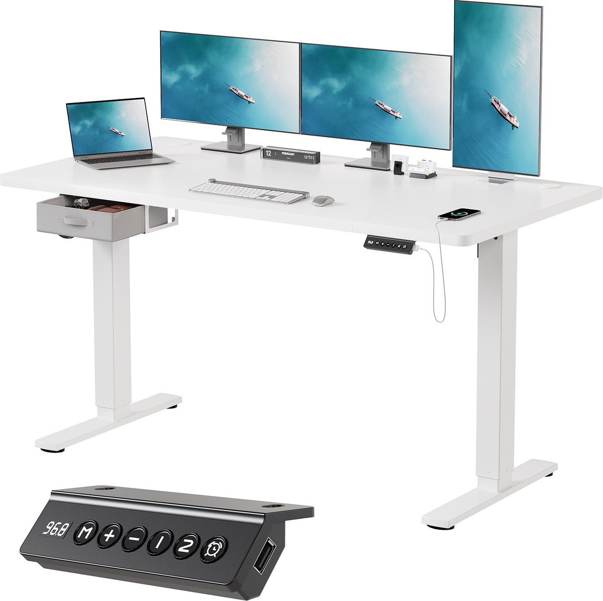 Devoko Zit-Sta Bureau 160x80 cm - Elektrisch Verstelbaar Bureau - Met Stoffen Lade - Zit-Alarm - Digitaal Display - USB - Wit