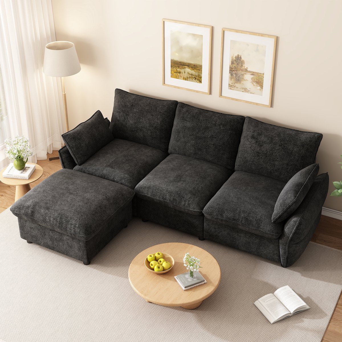 MODFU-Hoekbank-3-Zits-Chenille-Donkergrijs-Met Hocker