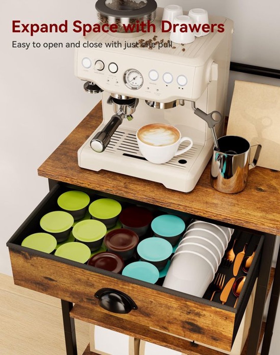 Keukenrek Staand - 5 Rekplanken - Koffieorganizer - Stalen Frame - 8 Haakjes - 43 x 33 x 134,5 cm - Opbergrek