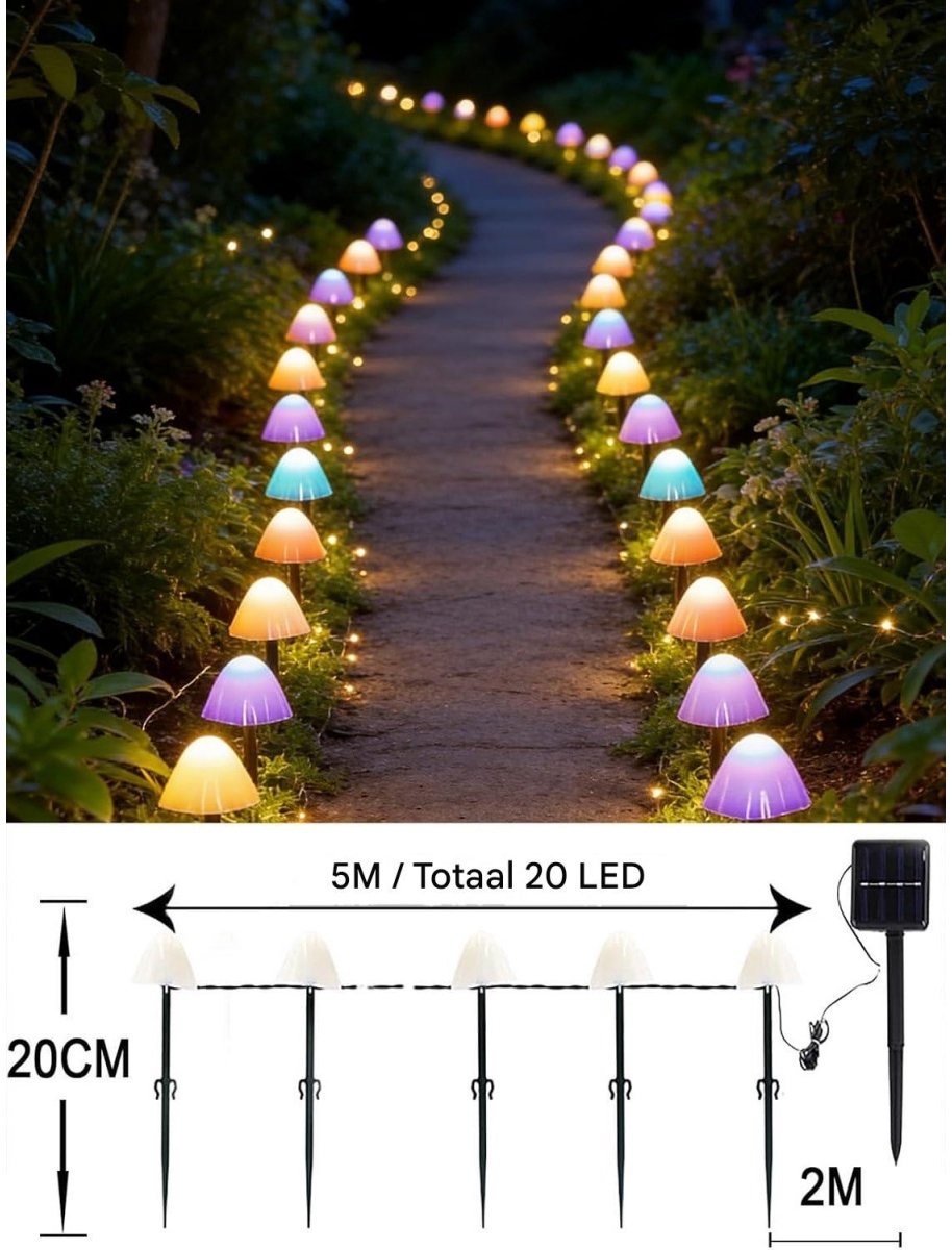SSTRWGOOD Op zonne-energie werkende paddenstoel tuinverlichting - 5 meter, 20 LED's - 8 standen - Solar tuinverlichting in de vorm van paddenstoelen - IP65 waterdicht - Geschikt voor gazon, balkon, terras en paasdecoratie - Kleurrijke verlichting