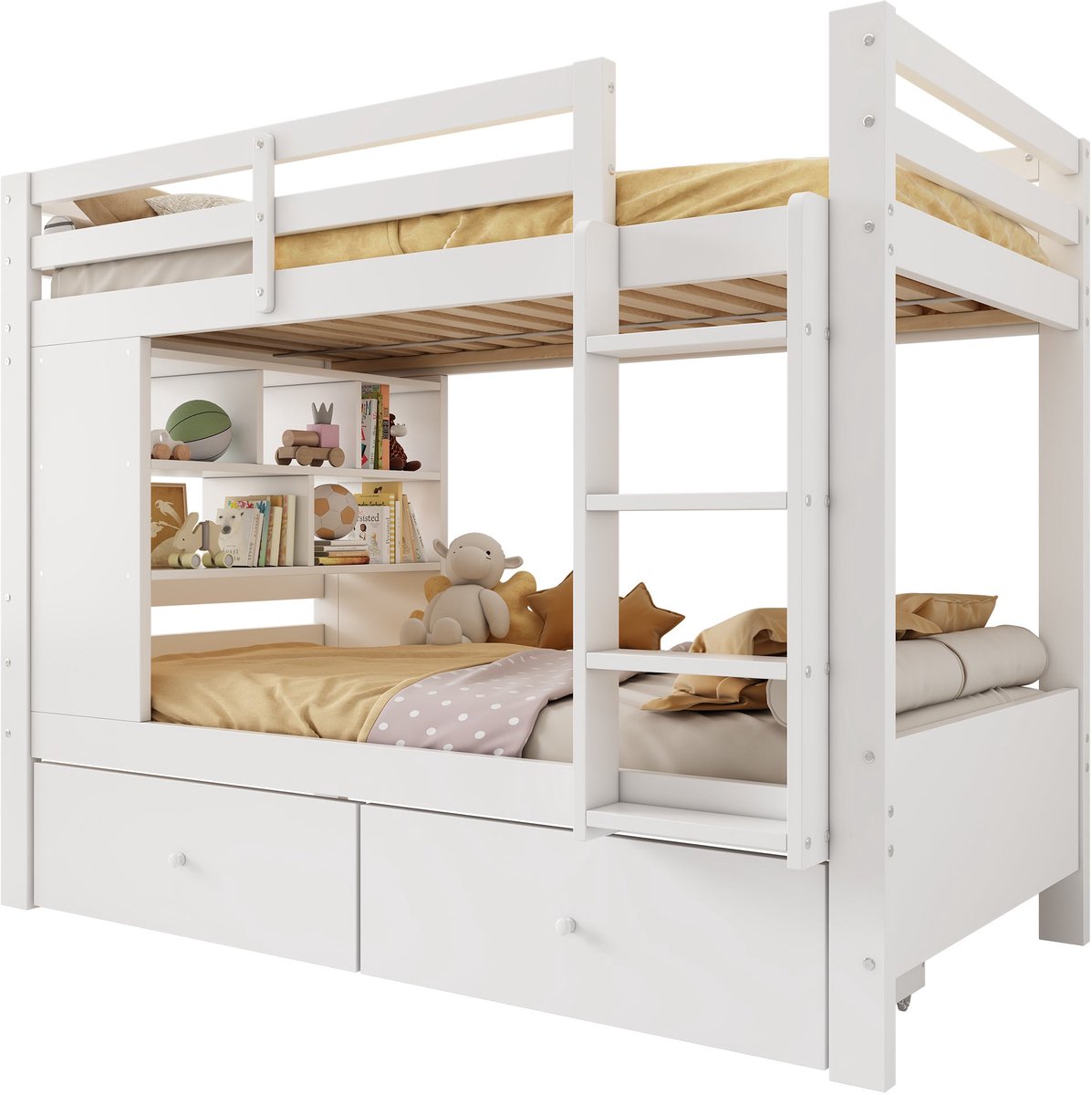 Merax Stapelbed Voor Kinderen 90 x 200 cm - Wit - Houten Stapelbed Met 2 Lades - Open Opbergvak - Ladder - Veiligheidshek