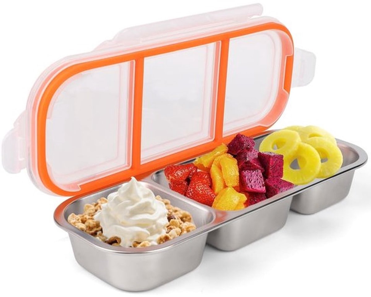 Snackcontainer Roestvrij Staal - Herbruikbare Voedselcontainer - 3 Compartimenten - 26,5 x 10,5 x 5 cm - Ideaal voor School/Kantoor - Lekvrije Snackdoos - Lunchbox