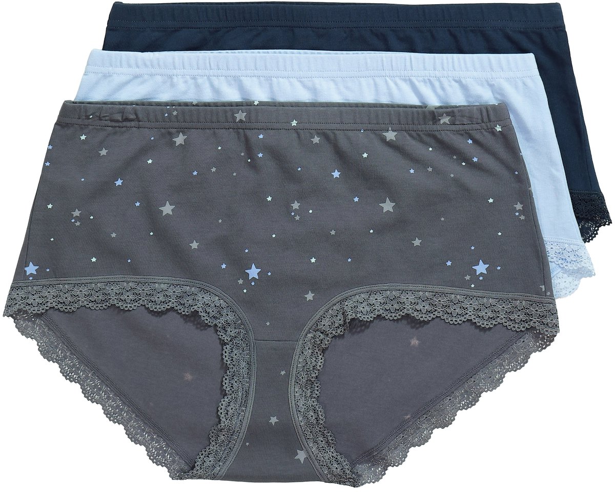 Ulla Popken - Dames - Slips set van 3 sterren/effen kanten zoom - Donkergrijs - Maat 46+