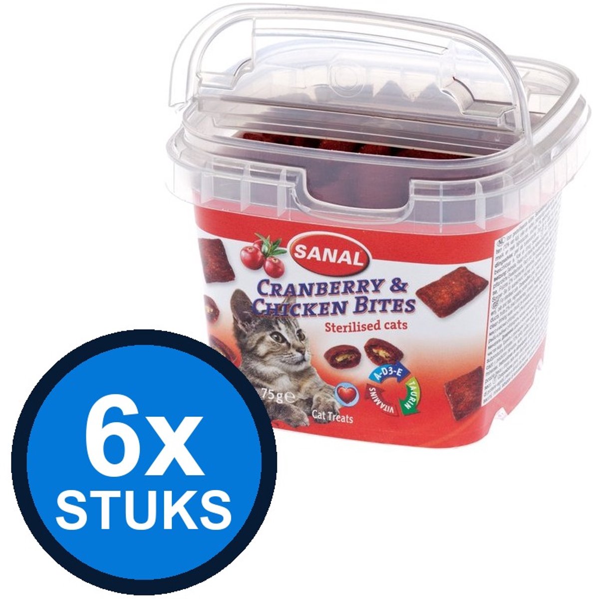 6x Sanal Cranberry & Chicken Bites Cup - Kattensnack - 75g