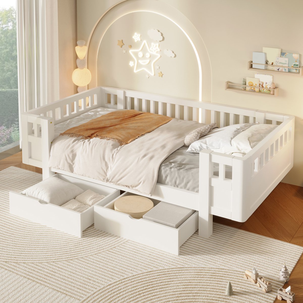 Kinderbed, Platformbed Van 90X200 cm Met Hoge Veiligheidsrail En Twee Grote Lades-Wit