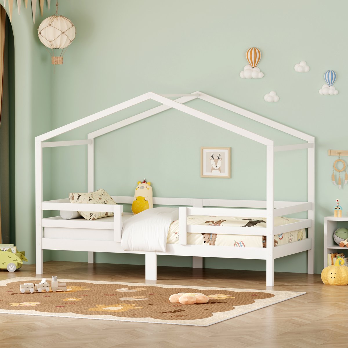 Kinderbed In De Vorm Van Een Huisje, 90X200 cm, Gemaakt Van Massief Grenenhout, Voor Jongens En Meisjes, Met Een Dak In De Vorm Van Een Huisje, Valbeveiliging Aan Drie Zijden En Een Lattenbodem Van Grenenhout (Exclusief Matras)-Wit