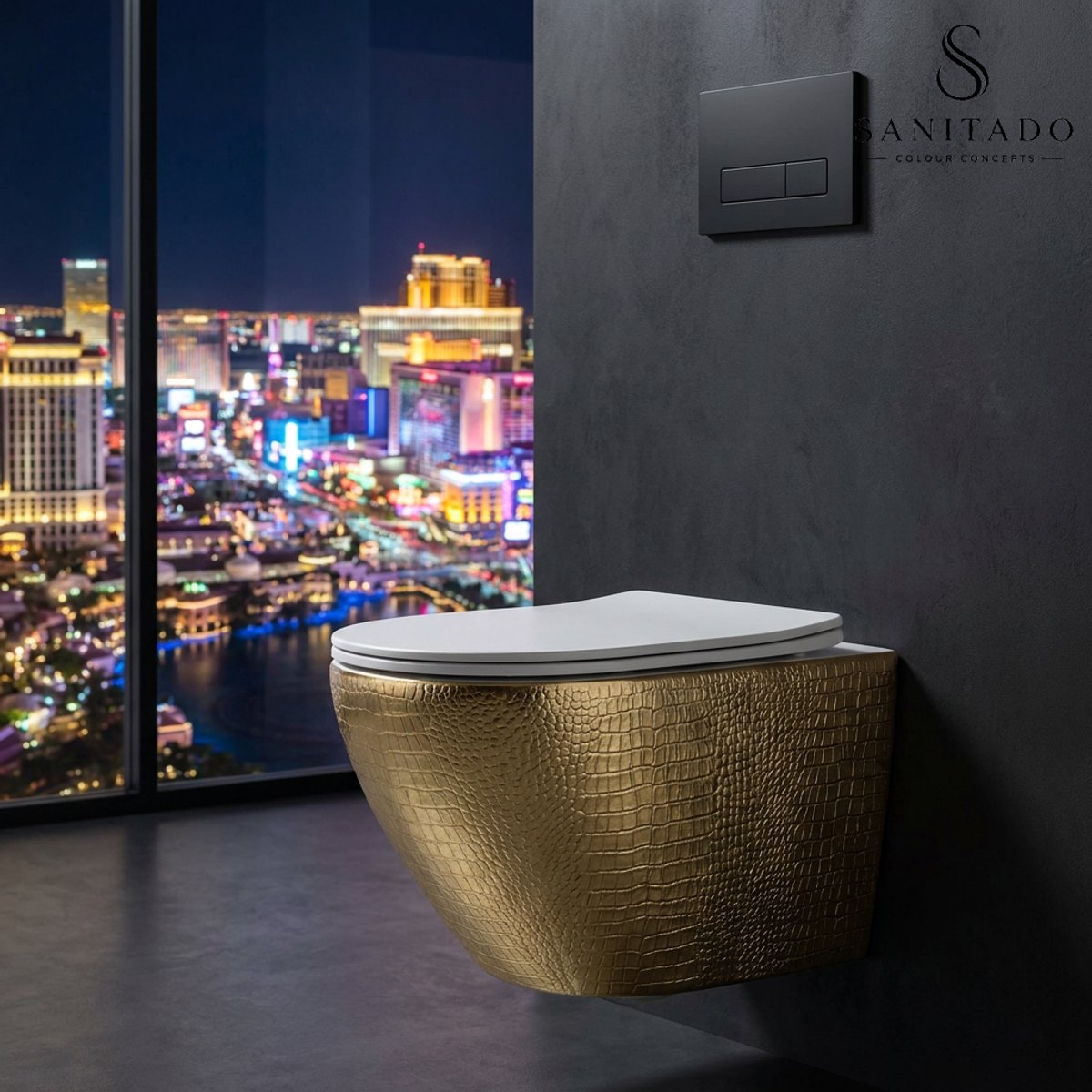Wandcloset Sanitado Industry Goud Croco randloos met softclose toiletzitting in mat wit