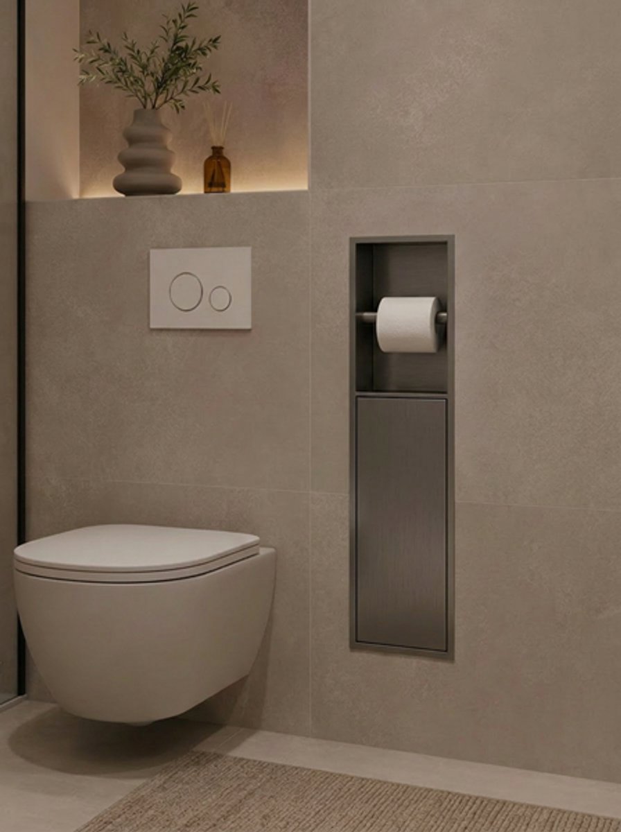 Badkamer inbouwnis 60x16x12cm Sanitado Foya toiletrolhouder en opbergkast in gunmetal
