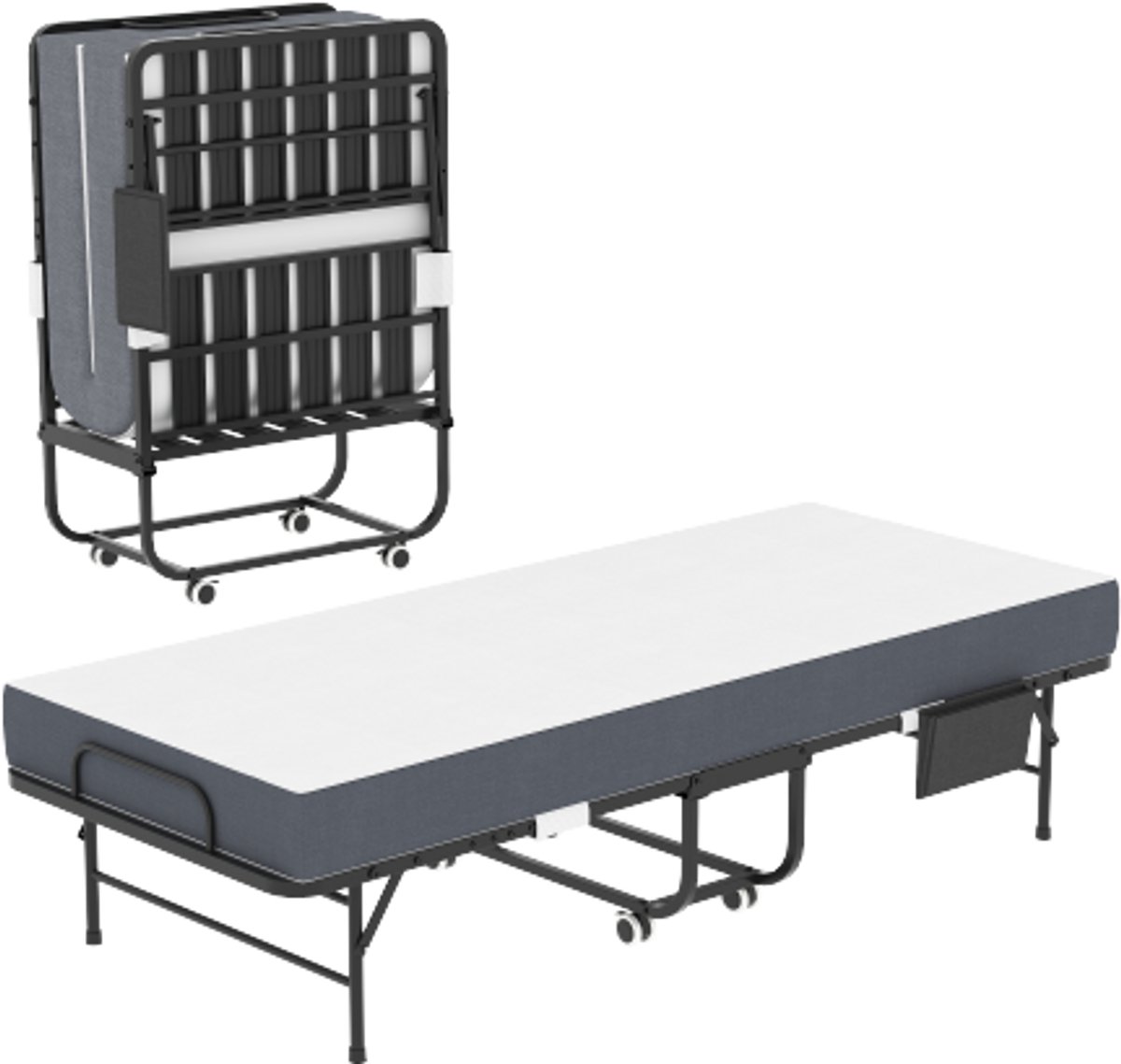 Opvouwbaar eenpersoonsbed (190 × 78 cm) met 9,5 cm dik traagschuimmatras; draagbaar logeerbed/opklapbed inclusief stevig metalen frame en opbergtas.