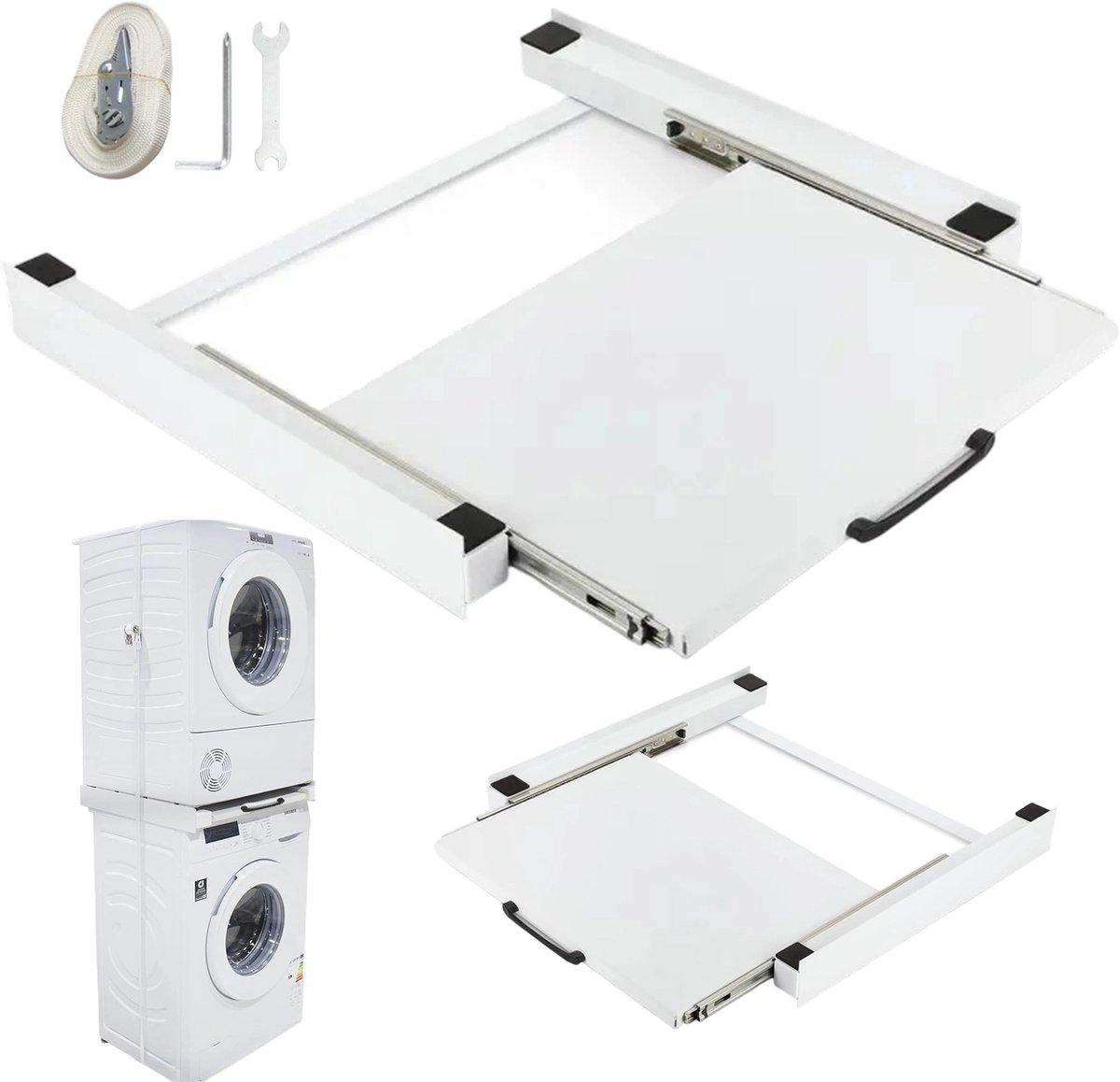 Tussenframe Wasmachine Droger - Universeel Stapelframe - Draagvermogen tot 150 kg - Uittrekbaar Werkblad 38 × 50 cm - 6 m Bevestigingsband - Inclusief Antislipmatten - Voor Wasruimte en Stapelen tot 60 × 60 cm