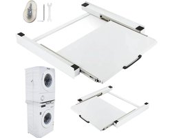 Tussenframe Wasmachine Droger - Universeel Stapelframe - Draagvermogen tot 150 kg - Uittrekbaar Werkblad 38 × 50 cm - 6 m Bevestigingsband - Inclusief Antislipmatten - Voor Wasruimte en Stapelen tot 60 × 60 cm