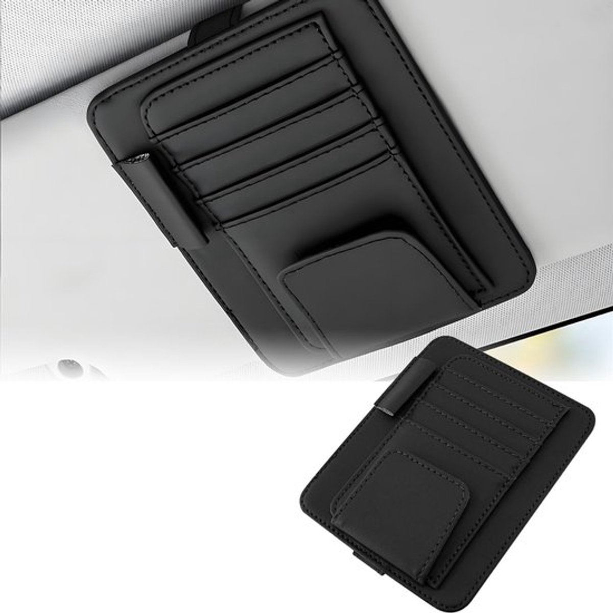 Zonneklep Hoogwaardig PU-leer - Organizer - Zwart - Meerdere Vakken - 12,5 x 15,5 cm - Stevig Bandontwerp - Auto Organizer