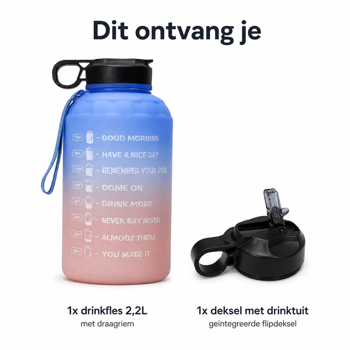 VHV - Waterfles 2,2L - Waterflessen - Tijdmarkeringen - Motivatie Drinkfles - Grote Sportfles met Draagriem - Voor Sportschool, Werk, School en Onderweg - Blauw/Roze