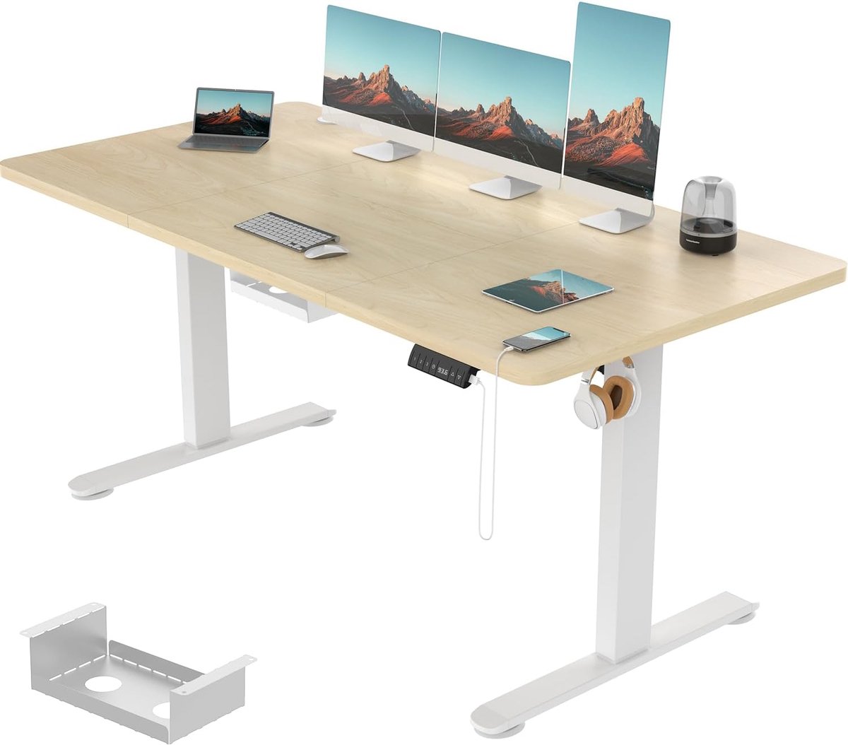 Devoko Elektrisch Zit-Sta Bureau 160x80 cm - 18 mm Bureaublad - Zit-herinnering - USB-poort - Beige/Wit