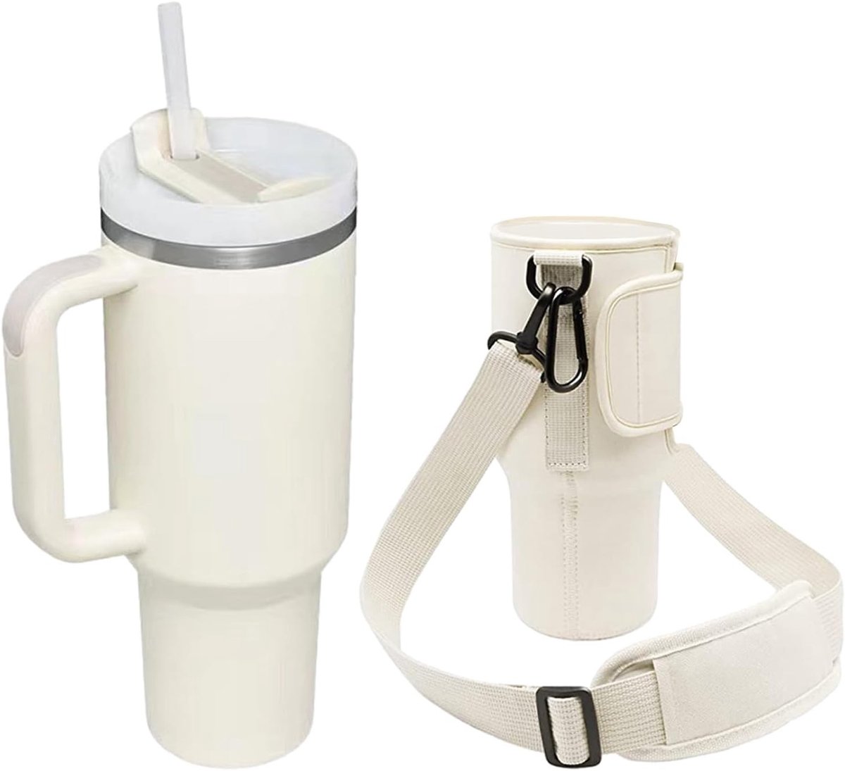 Thermosbeker - Wit - 26 cm - Roestvrijstalen Vacuümbeker met Rietje en Bekerhoes - Voor Reizen en Sport