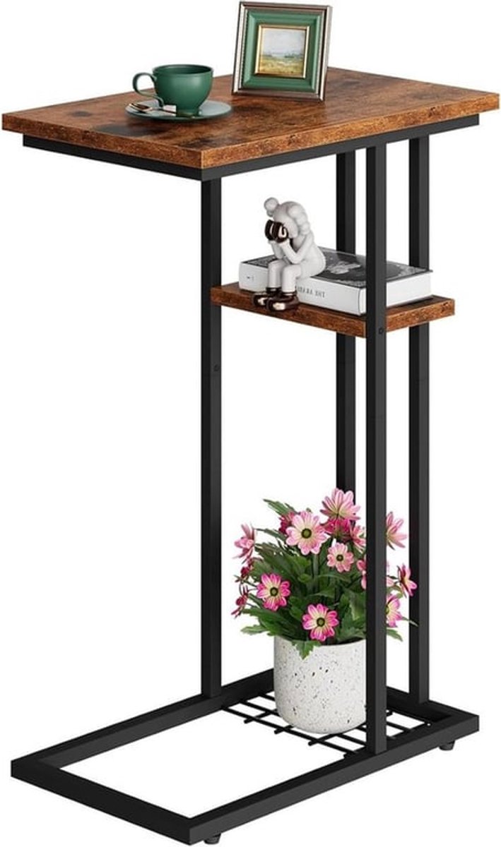 Bijzettafel met 2 etages voor woonkamer, slaapkamer - Industriële stijl met opslag - Metaal frame - 40 x 26 x 61,5 cm - Bruin en zwart