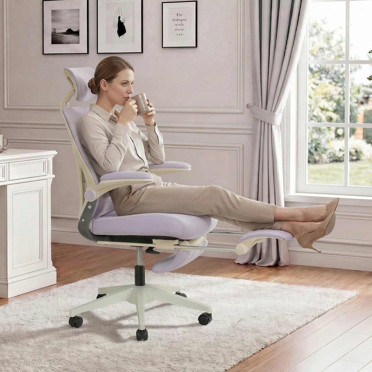 MIVRAY Bureaustoel 67 cm - Ergonomisch Klapbaar Met 3D Hoofdsteun, Lendensteun En Voetsteun - Voor Werk En Studie - Mesh - Paars