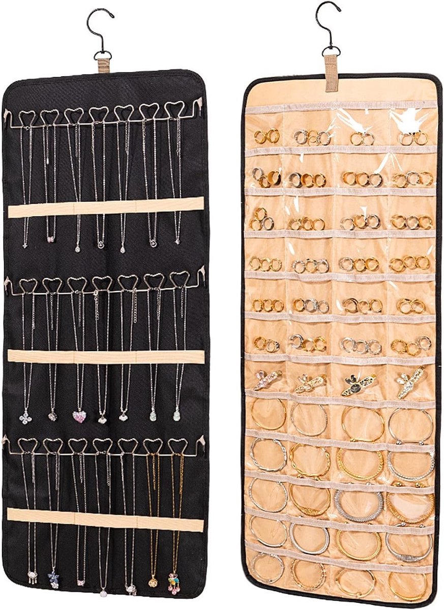 Dubbele Opbergzak voor Sieraden met Metalen Haakjes, Draagbaar en Vouwbaar voor Kledingkast, Wand of Achter de Deur, Ideaal voor Kleine Items en Sieradenopslag