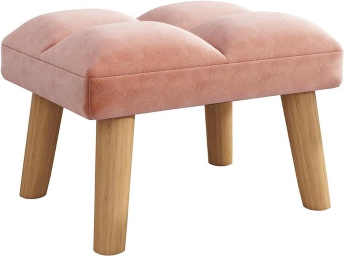 Kleine gestoffeerde voetenbankkruk voor woon- en slaapkamer - Roze fluwelen poef met houten poten - Moderne voetensteun - 40 x 30 x 27 cm