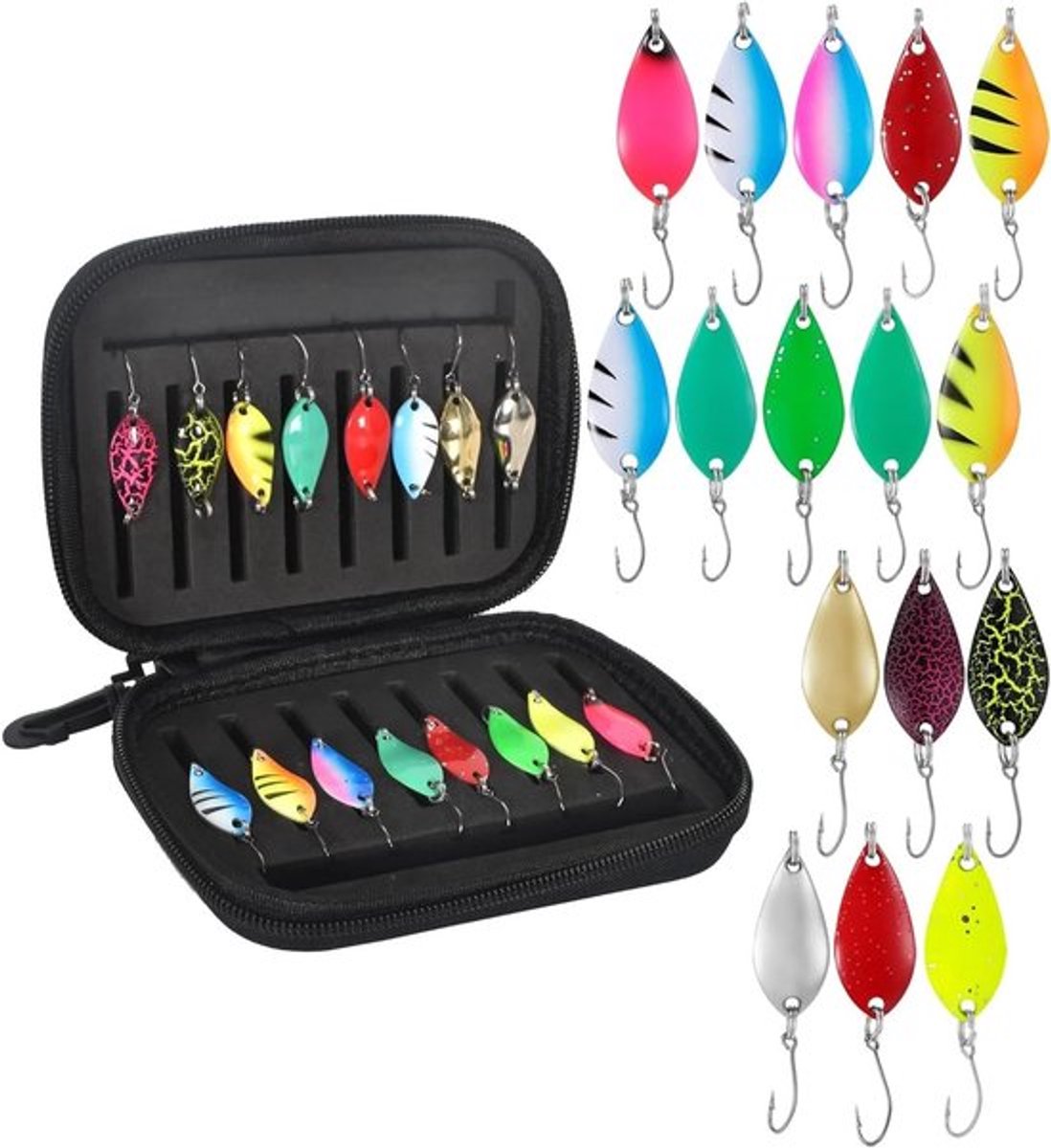 Complete set van 16 forellepels met verschillende gewichten, visaccessoires en handige opbergdoos voor optimale vangst