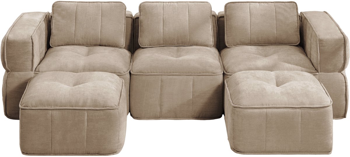 U Vormige Modulair Bank Met 2 Hockers Zonder Montage Comfortabel Met 32D Schuim Voor Woonkamer Polyester Sand