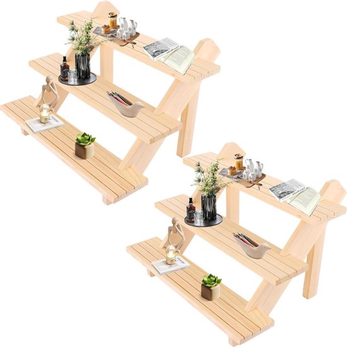 3-traps houten displaystandaard voor oorbellen en sieraden - set van 2 stuks. Perfect voor kunsthandwerk, figuren, lippenstift en nagellak - 39 x 30 x 24 cm.