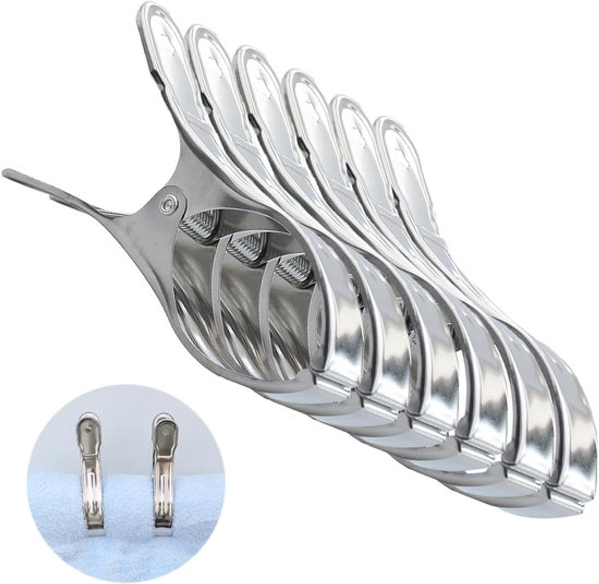 Set van 6 RVS Wasknijpers van 12 cm voor Handdoeken, Strandlakens en Voedselverpakking, Duurzaam en Roestvrij