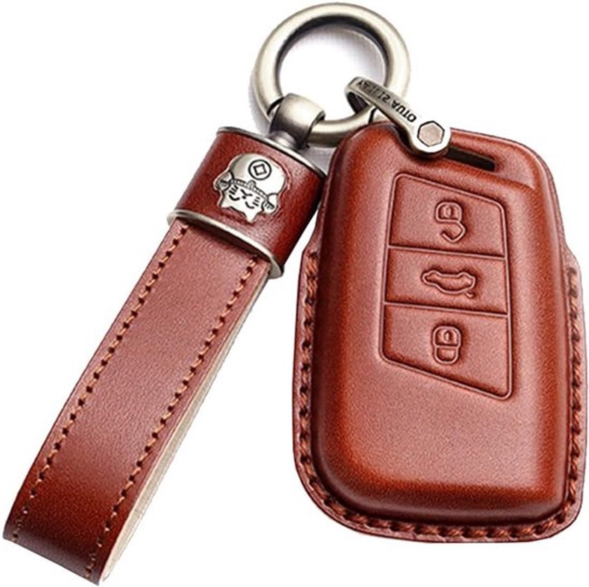 Lederen Sleutelhoes voor VW Passat B8, Tiguan, Jetta en Skoda Superb - Sleutelbescherming, Sleutelhanger en Key Case voor 3 Sleutels in Bruin
