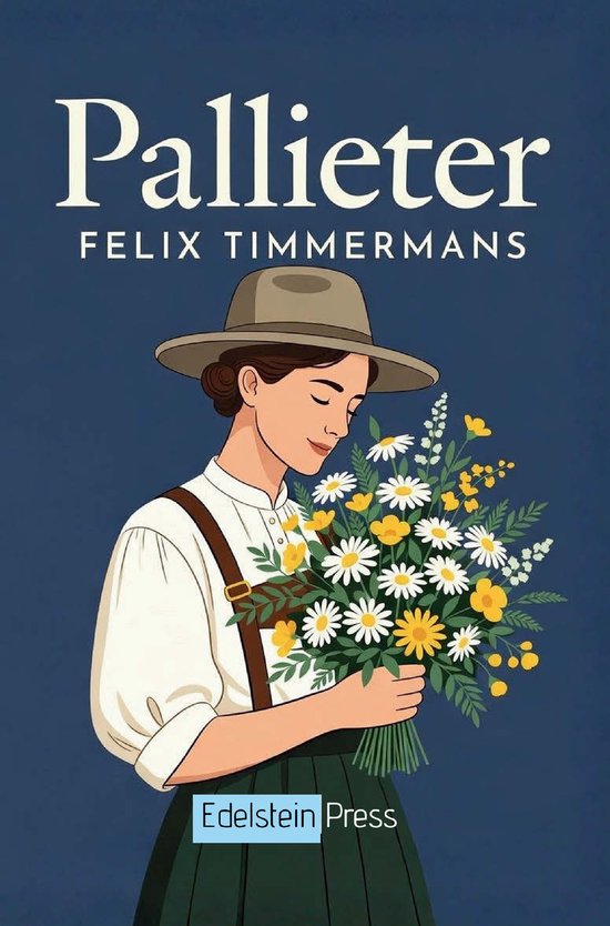 Couverture du livre : Pallieter par Felix Timmermans. Une femme avec un chapeau porte un bouquet de marguerites et de boutons d'or.