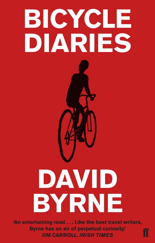 Boekcover met de titel 'Bicycle Diaries' in witte letters. Een zwarte silhouet van een persoon op een fiets staat in het midden, tegen een rode achtergrond.