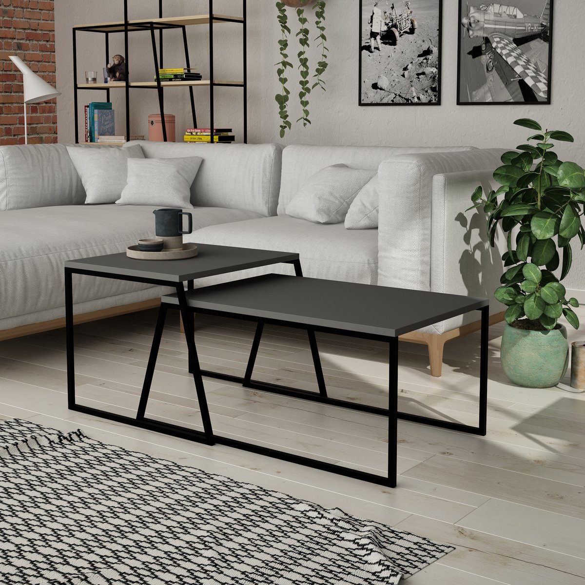 Skye Decor, Salontafelset, Pal Orta Sehpa - Anthracite, Gemelamineerde spaanplaat, Antraciet & Zwart, 88 x 50 x 38 cm