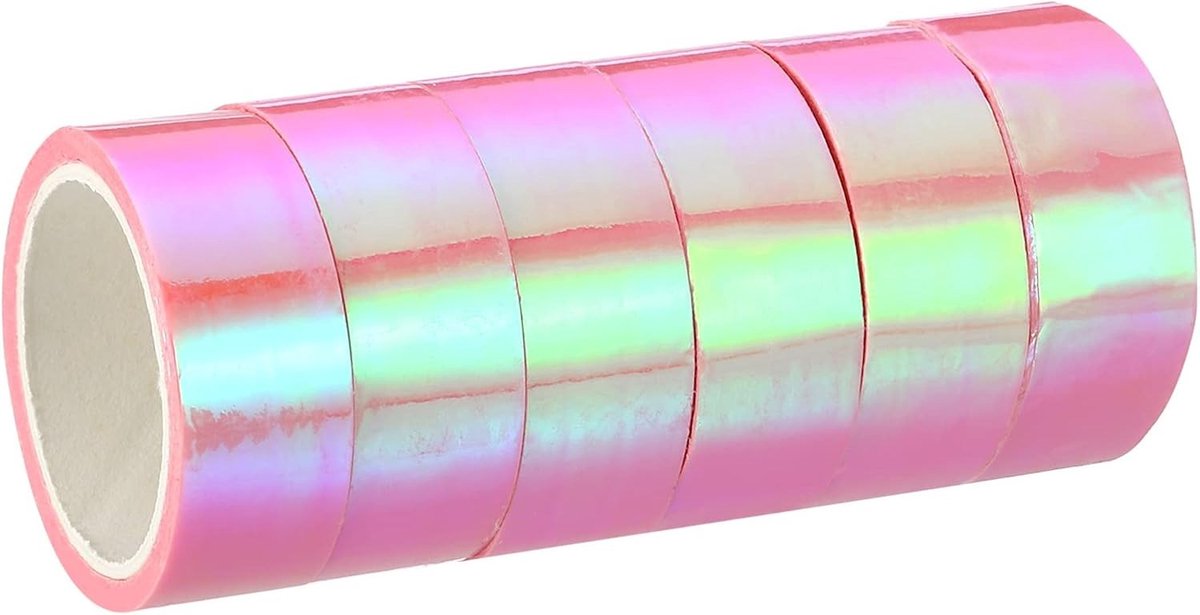 Holografische Plakband 15 mm x 5 m - 6 Rollen, Zelfklevende Folie voor DIY, Kunst, Ambachten en Verpakkingen, Roze
